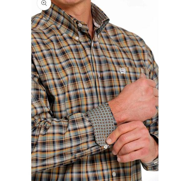 Cinch Mens Button Down Shirt Size XXL Brown Plaid Western Cowboy Contrast Cuff - Picture 2 of 14